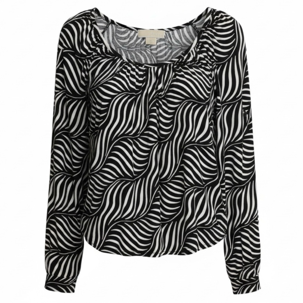 Michael Kors Ruched Round Neck Black White Zebra Print Long Sleeve Soft Blouse L